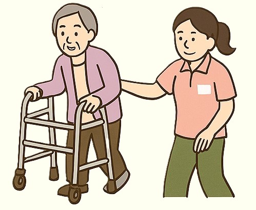 歩行器を押して歩く利用者様